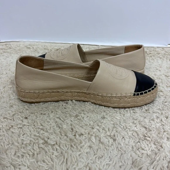 Tory Burch Benton Color Block Espadrille-Nappa Leather Size 7.5 Ivory Black‎ - Picture 7 of 11